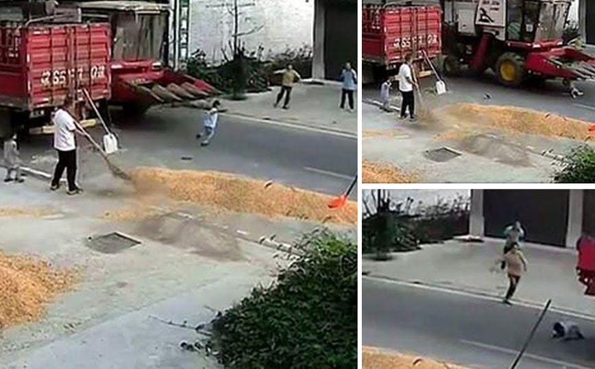 Ανατριχιαστικό βίντεο: Αγόρι πετάγεται στο δρόμο και μια θεριστική μηχανή περνάει από πάνω του