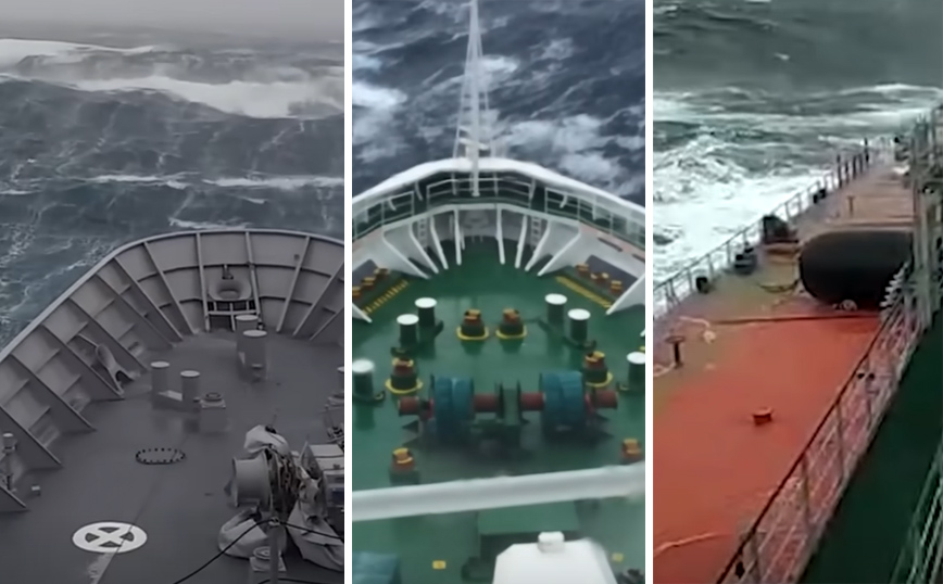 Η στιγμή που τρία πλοία βρίσκονται σε απίστευτη θαλασσοταραχή