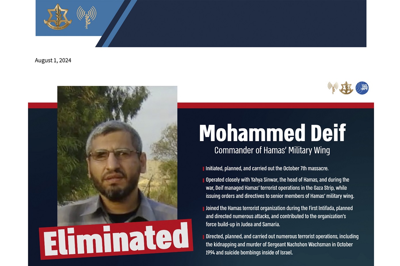 Επιβεβαιώνεται ο θάνατος του στρατιωτικού ηγέτη της Χαμάς, Μοχάμεντ Ντέιφ