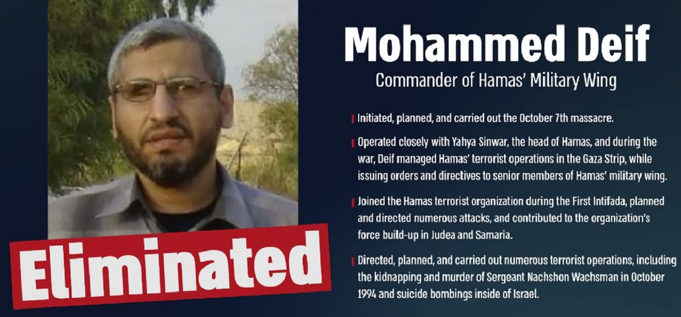Επιβεβαιώνεται από τον ισραηλινό στρατό ο θάνατος του στρατιωτικού ηγέτη της Χαμάς, Μοχάμεντ Ντέιφ