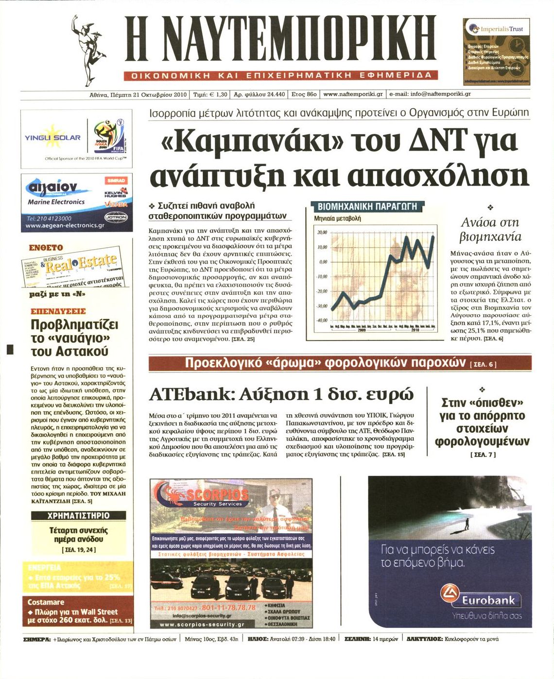 Εξώφυλο εφημερίδας ΝΑΥΤΕΜΠΟΡΙΚΗ 2010-10-21