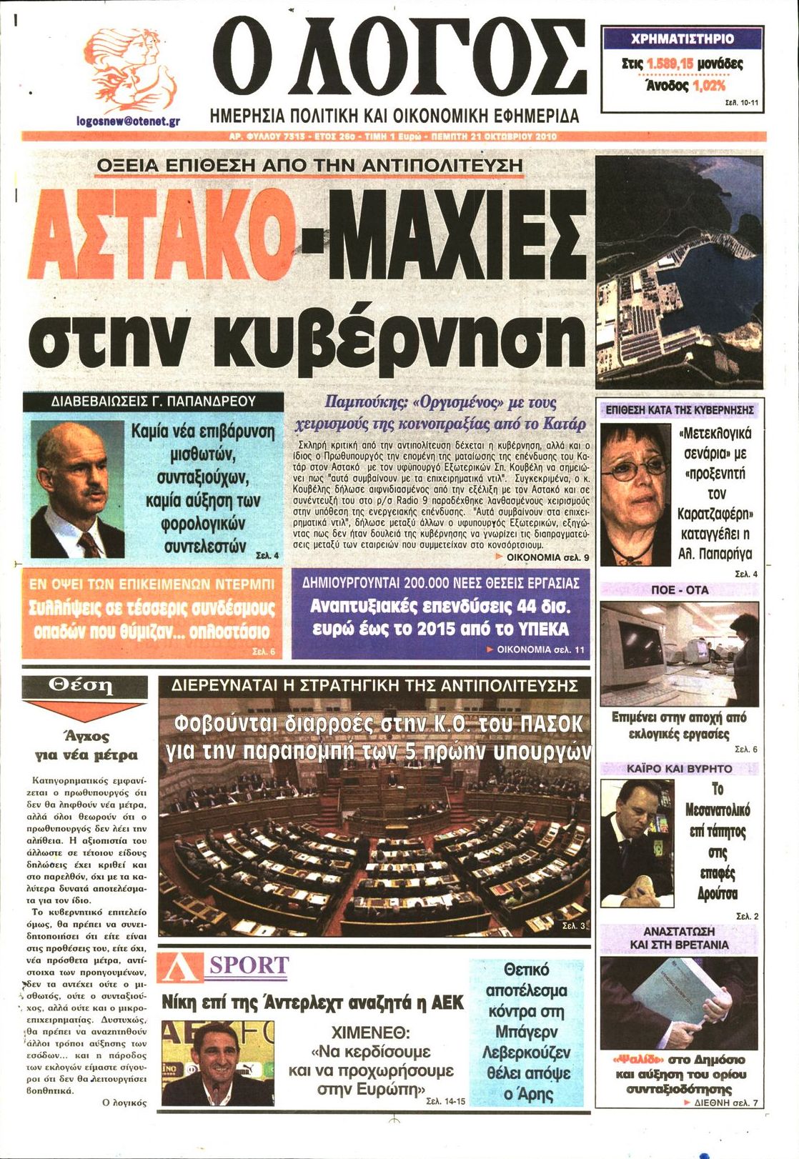 Εξώφυλο εφημερίδας Ο ΛΟΓΟΣ 2010-10-21