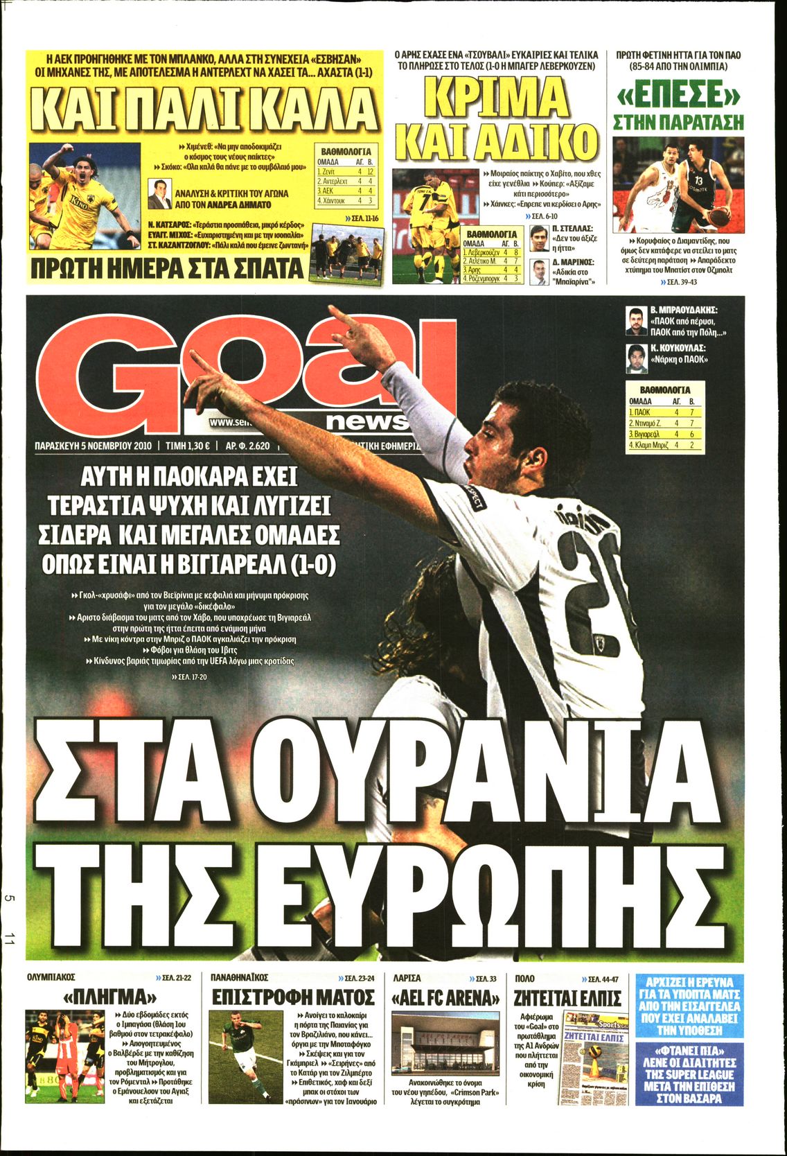 Εξώφυλο εφημερίδας GOAL 2010-11-05