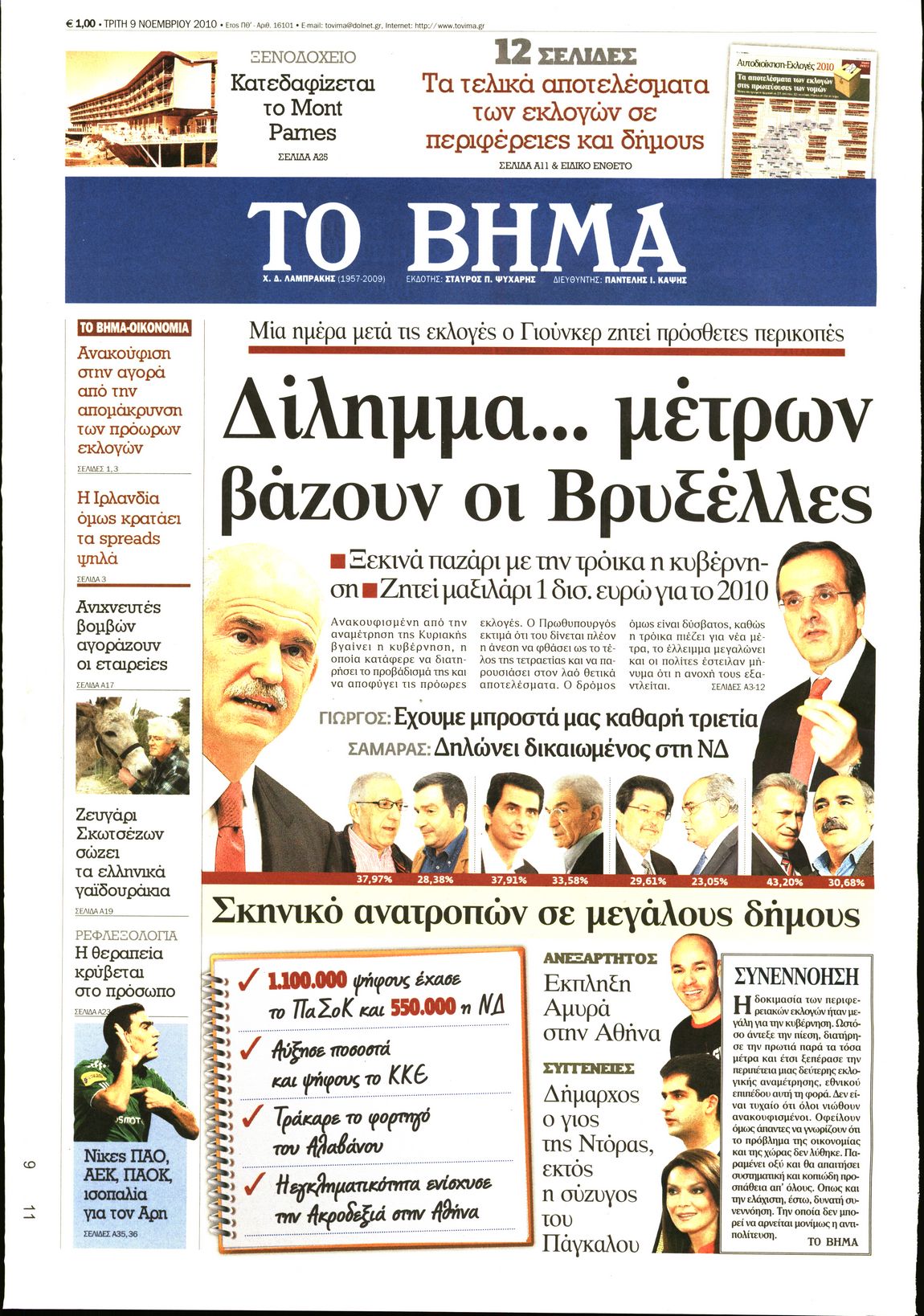 Εξώφυλο εφημερίδας ΤΟ ΒΗΜΑ 2010-11-09