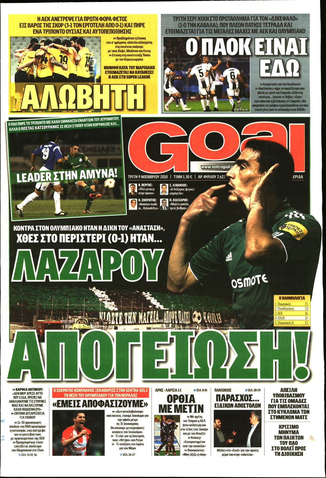 Εξώφυλο εφημερίδας GOAL 2010-11-09