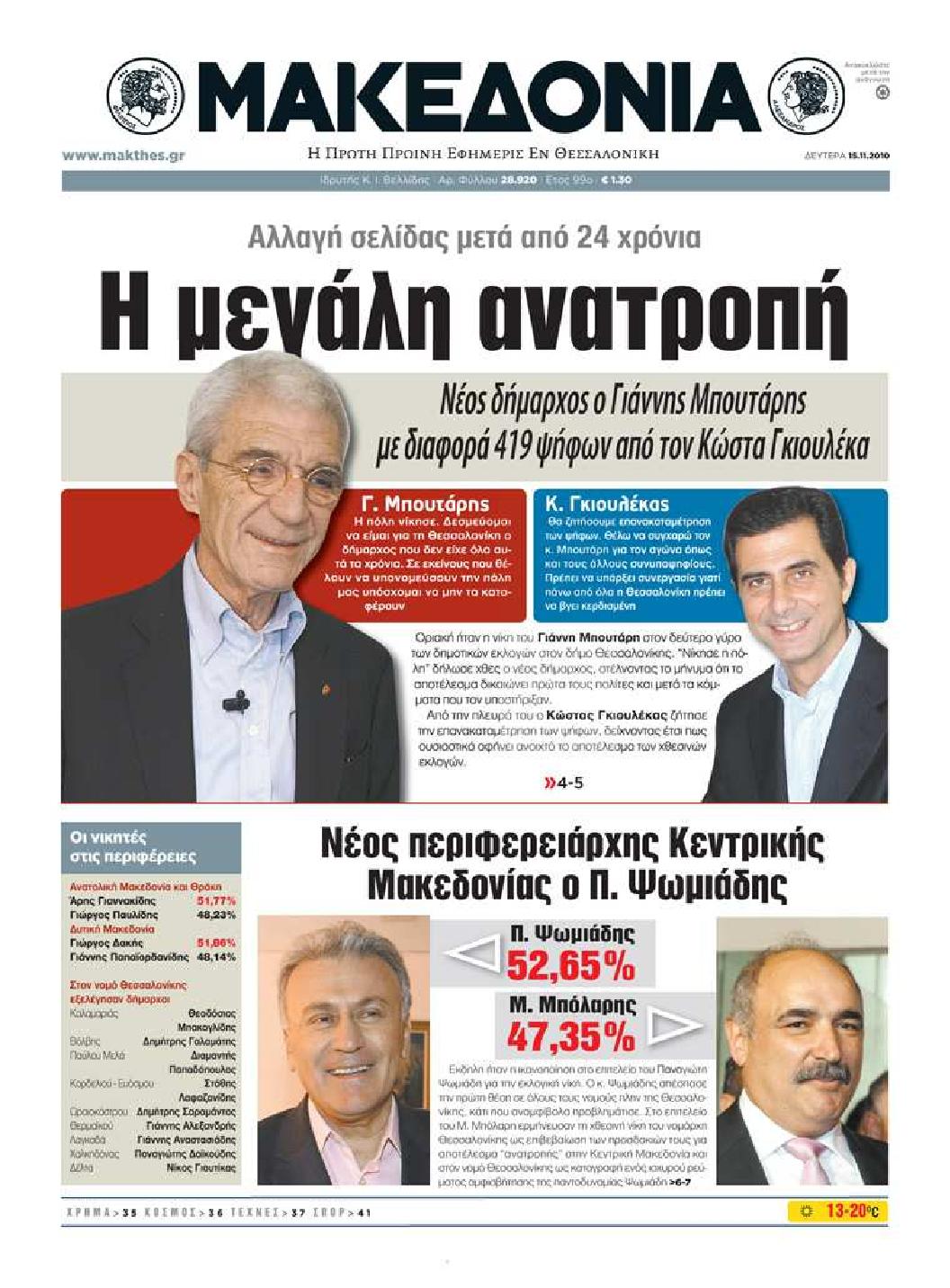 Εξώφυλο εφημερίδας ΜΑΚΕΔΟΝΙΑ 2010-11-15