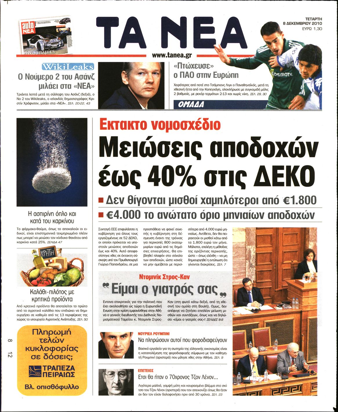 Εξώφυλο εφημερίδας ΤΑ ΝΕΑ 2010-12-08