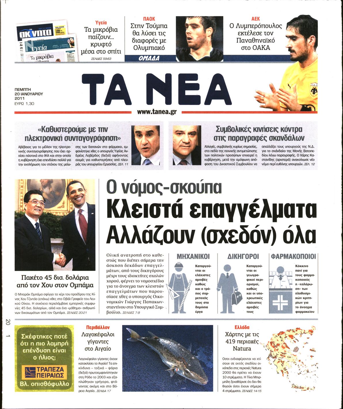 Εξώφυλο εφημερίδας ΤΑ ΝΕΑ 2011-01-20