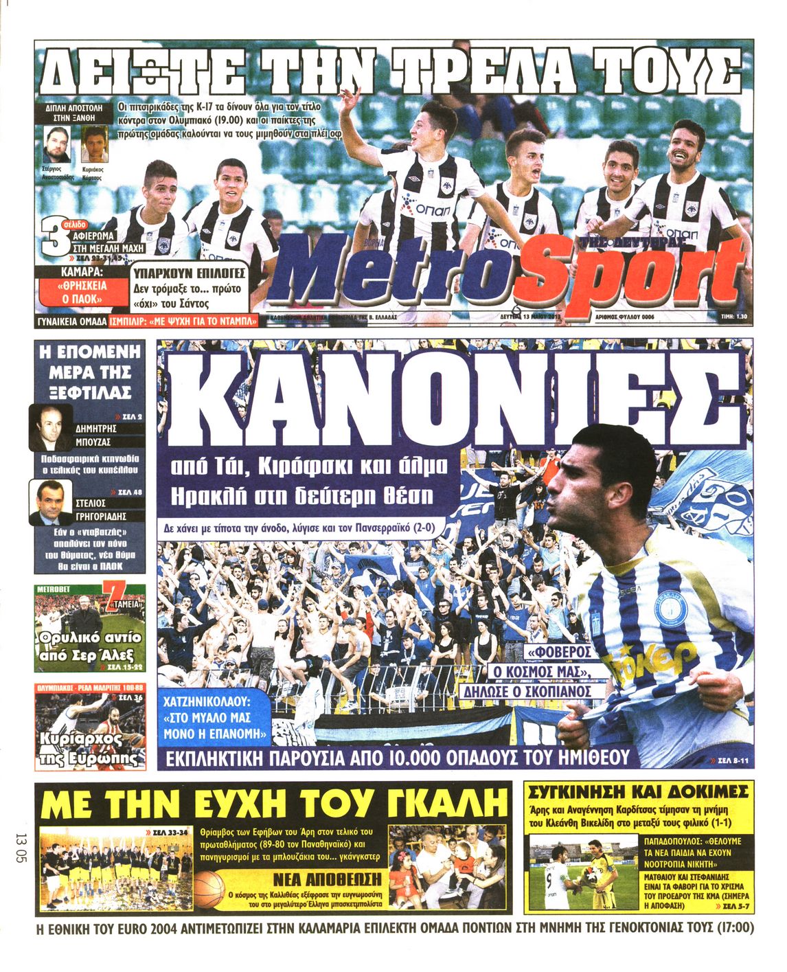 Εξώφυλο εφημερίδας METROSPORT 2013-05-13