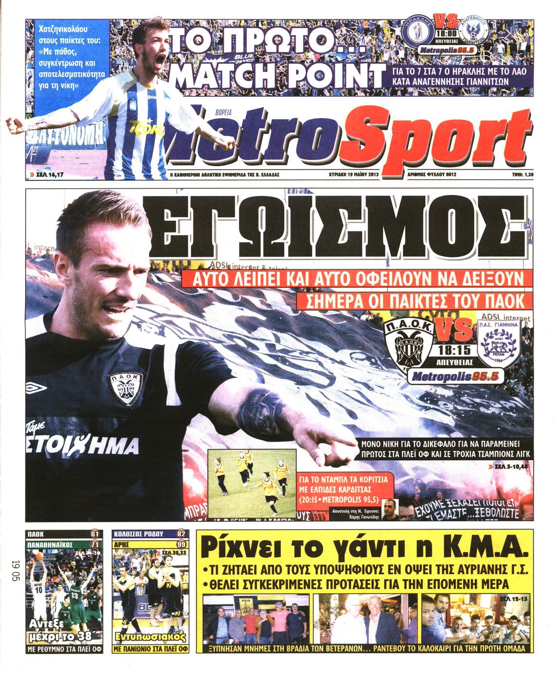 Εξώφυλο εφημερίδας METROSPORT 2013-05-19