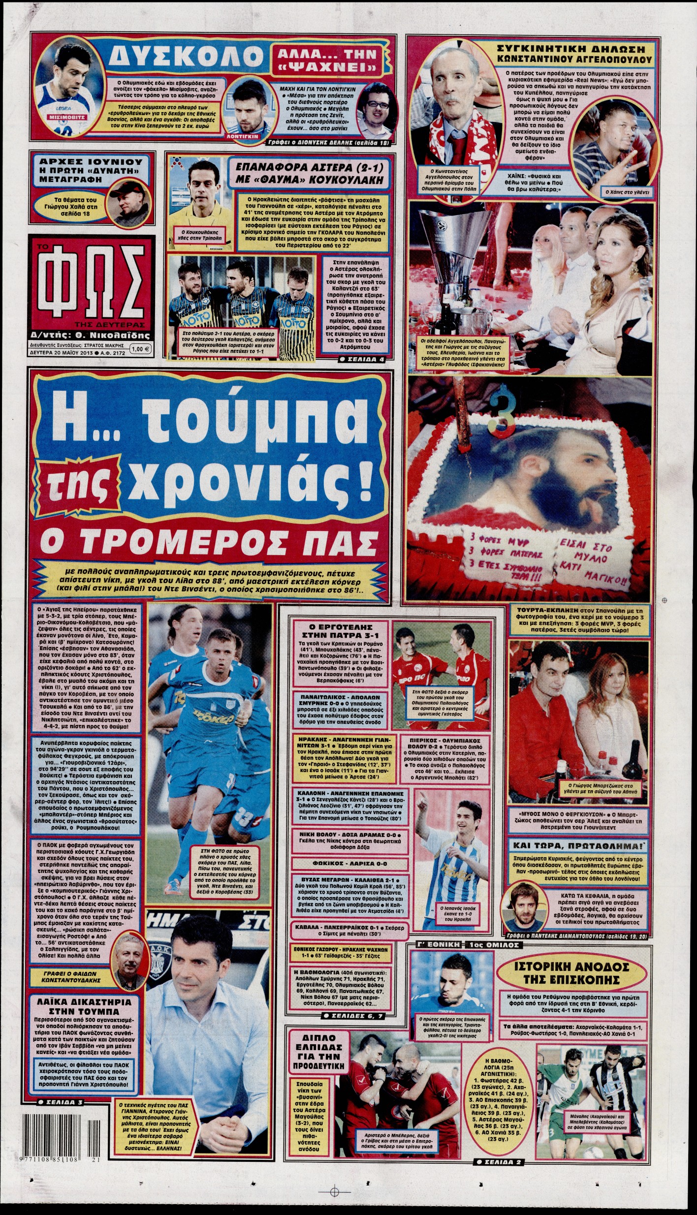 Εξώφυλο εφημερίδας ΦΩΣ ΤΩΝ ΣΠΟΡ 2013-05-20