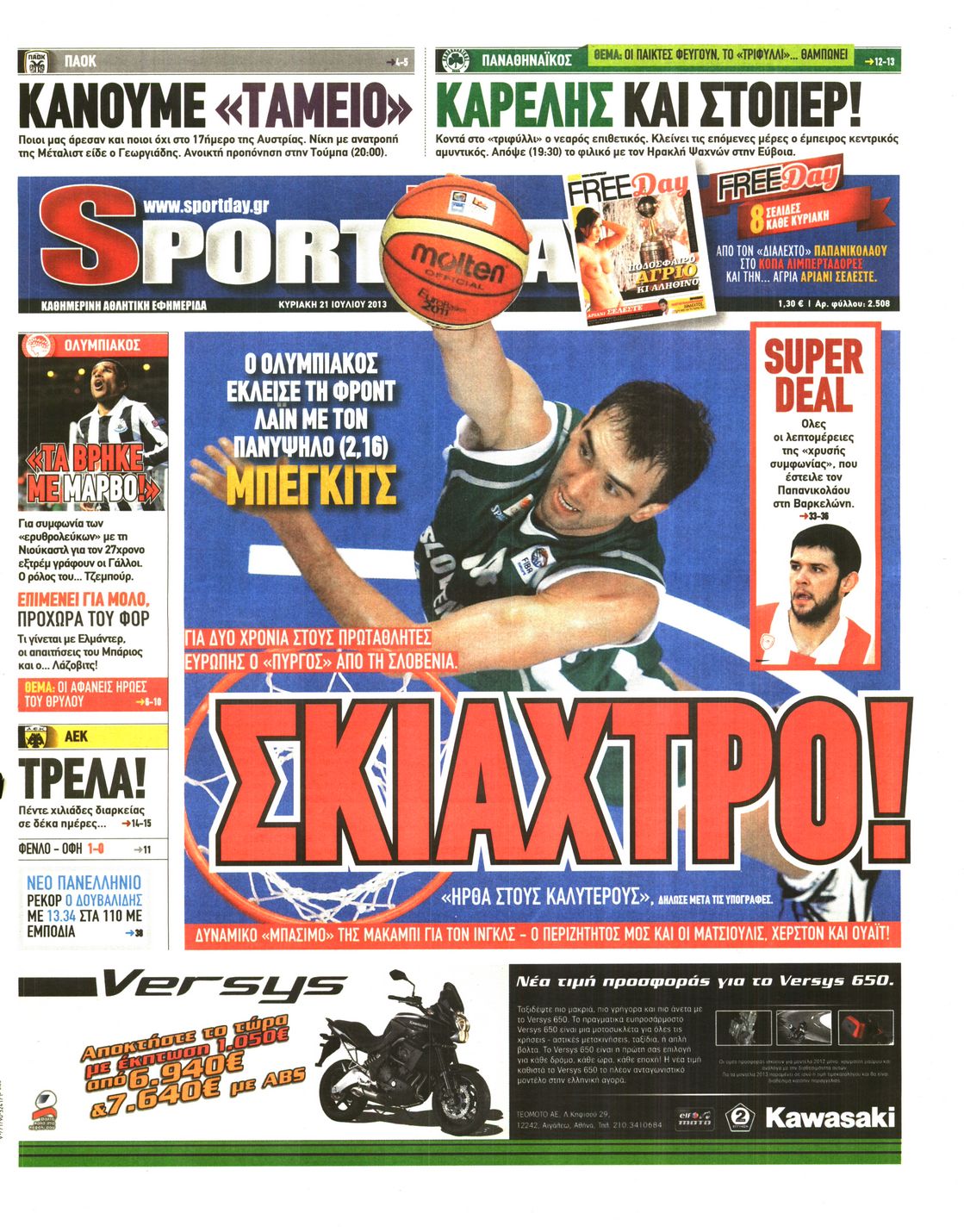 Εξώφυλο εφημερίδας SPORTDAY 2013-07-21