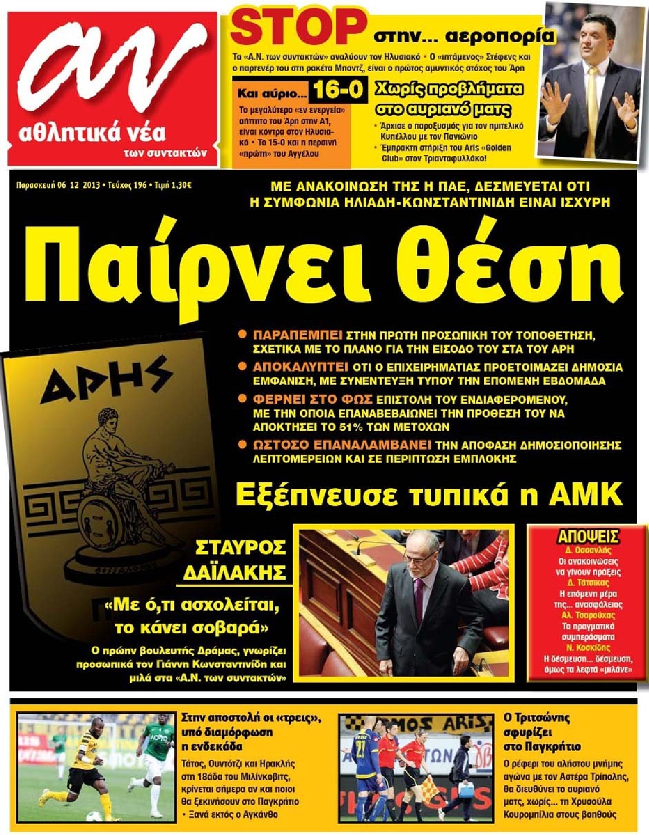 Εξώφυλο εφημερίδας ΑΘΛΗΤΙΚΑ ΝΕΑ 2013-12-06