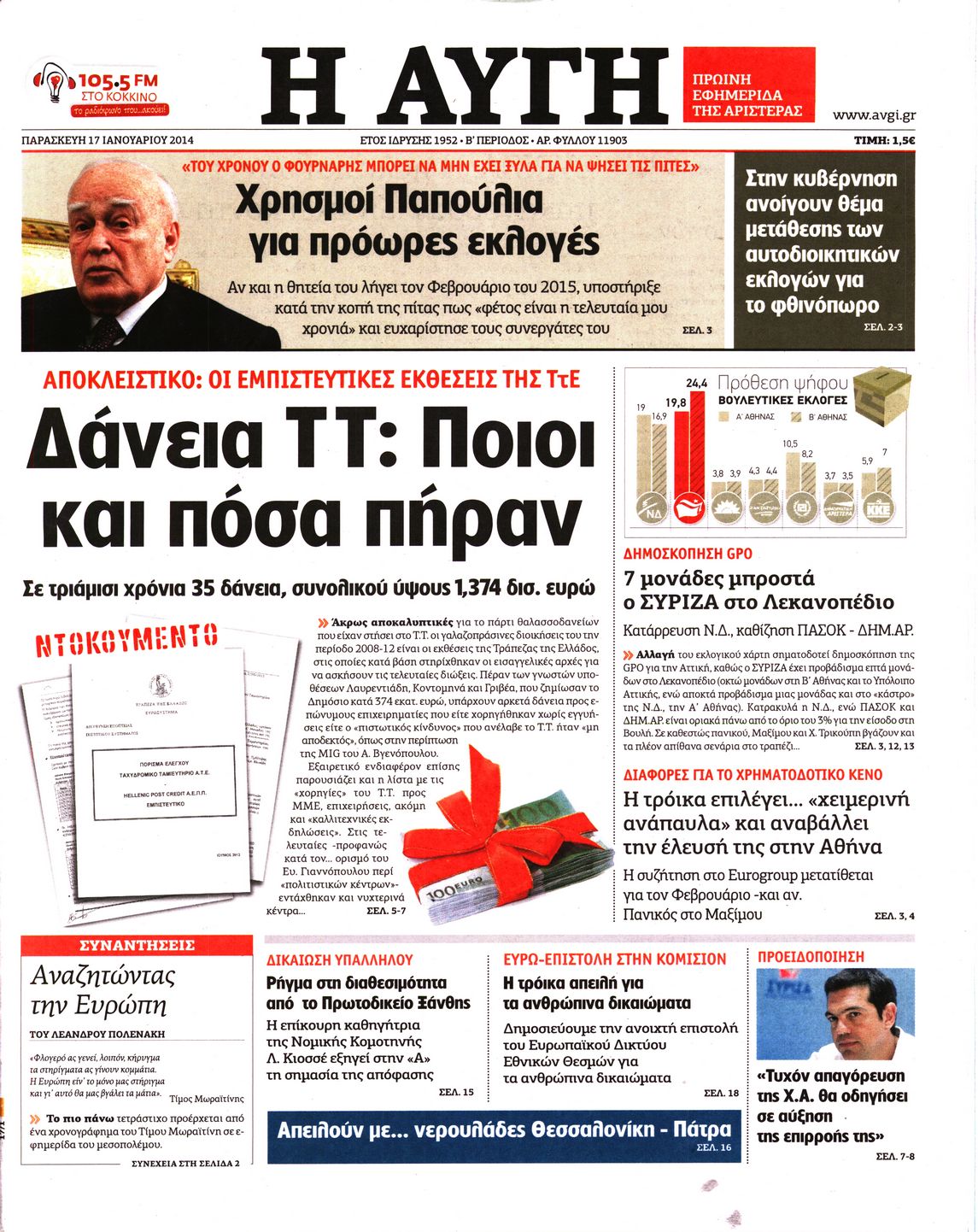 Εξώφυλο εφημερίδας ΑΥΓΗ 2014-01-17