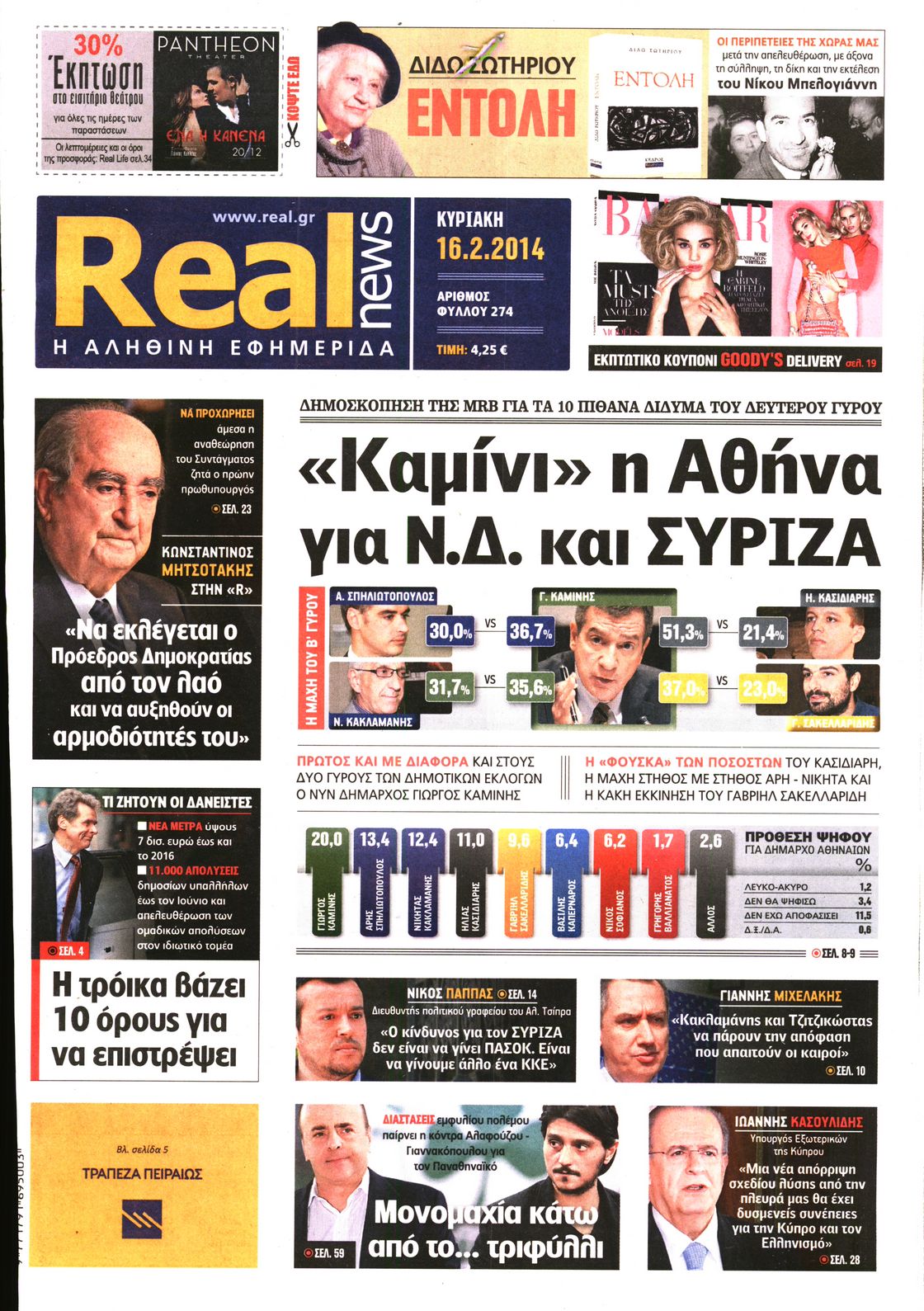 Εξώφυλο εφημερίδας REAL NEWS 2014-02-16