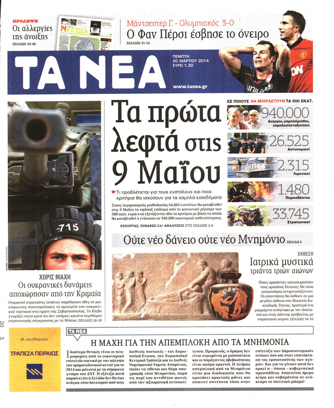 Εξώφυλο εφημερίδας ΤΑ ΝΕΑ 2014-03-20