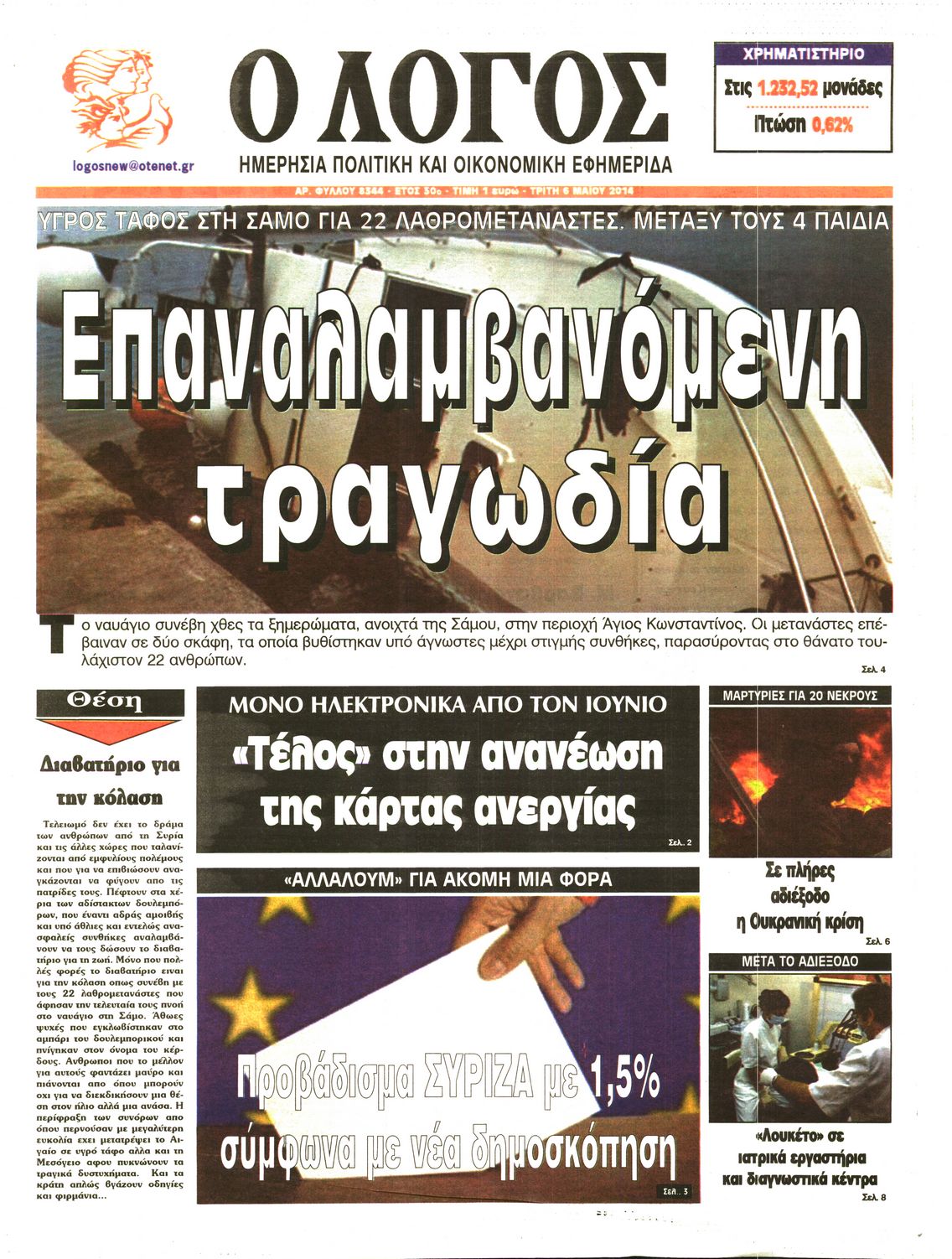 Εξώφυλο εφημερίδας Ο ΛΟΓΟΣ 2014-05-06