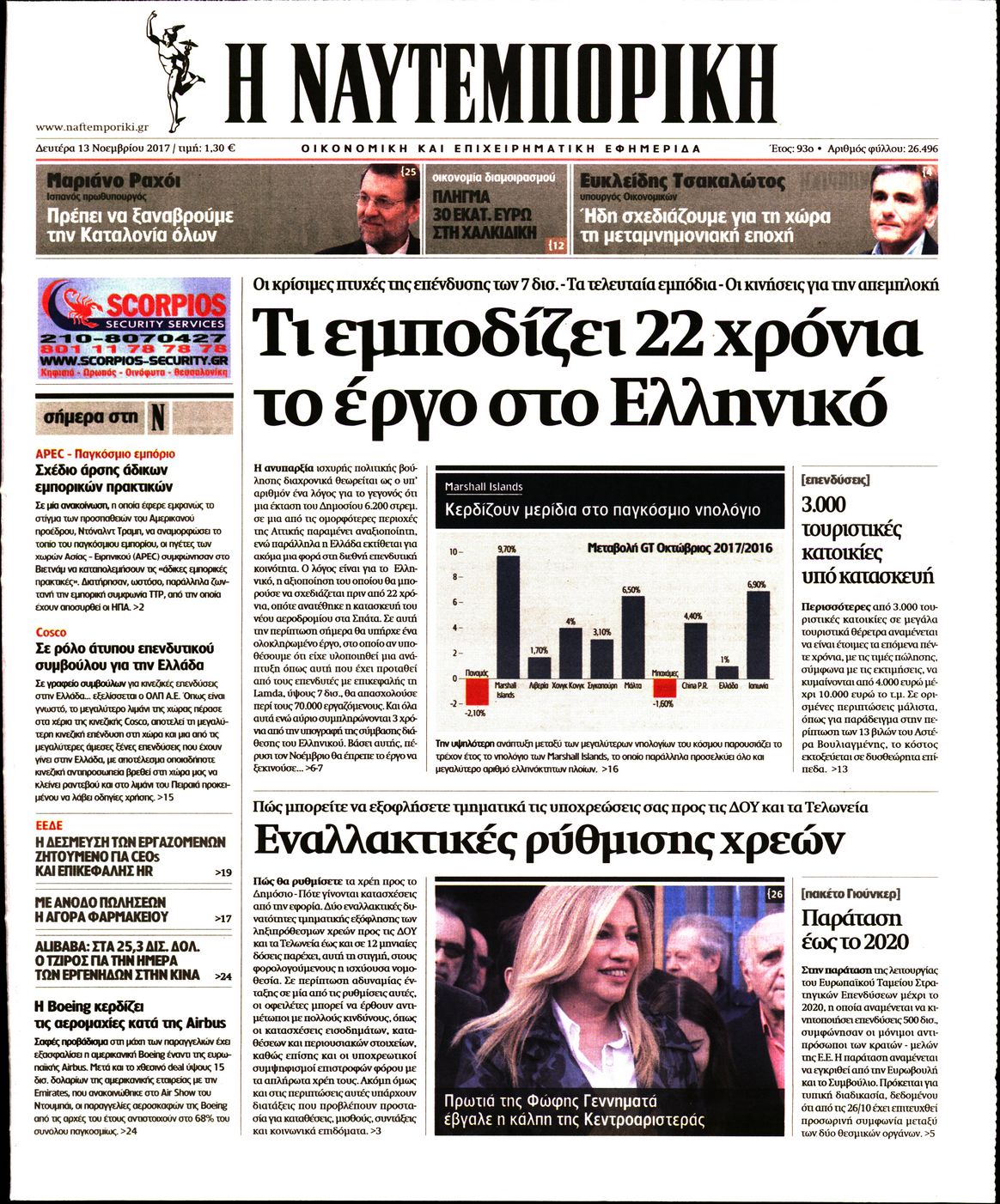 Εξώφυλο εφημερίδας ΝΑΥΤΕΜΠΟΡΙΚΗ 2017-11-13