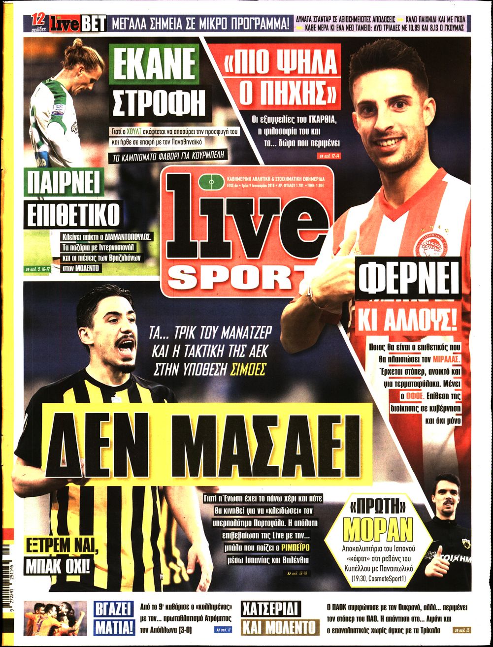 Εξώφυλο εφημερίδας LIVE SPORT 2018-01-09