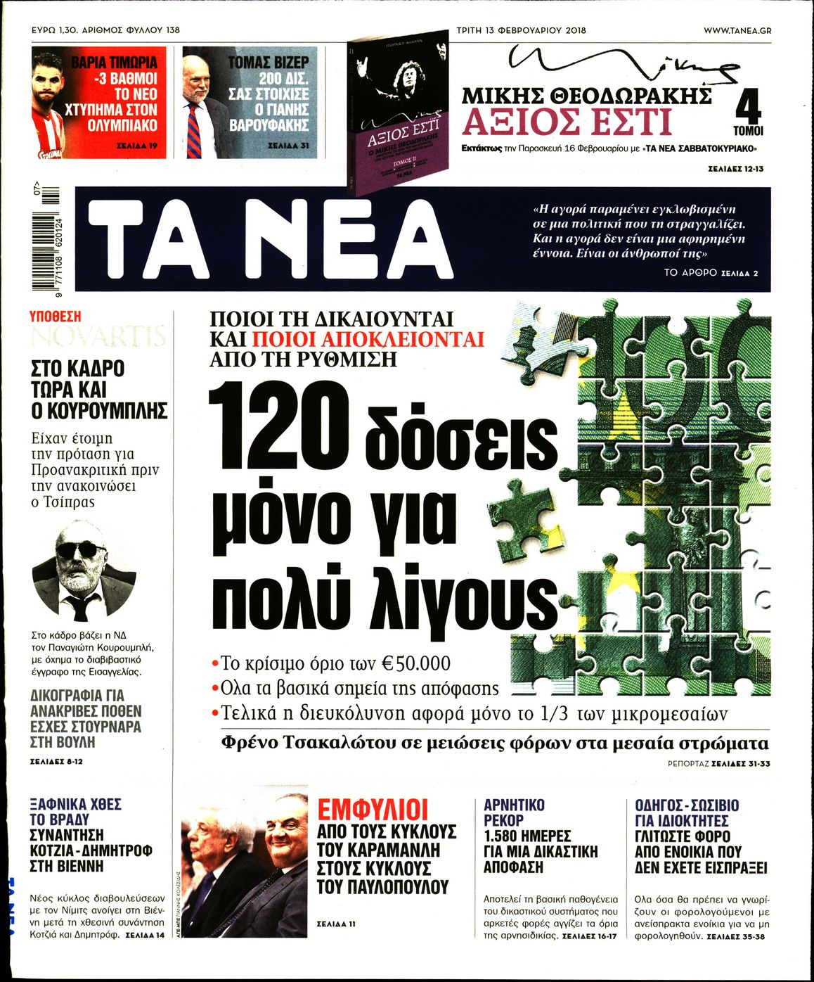 Εξώφυλο εφημερίδας ΤΑ ΝΕΑ 2018-02-13