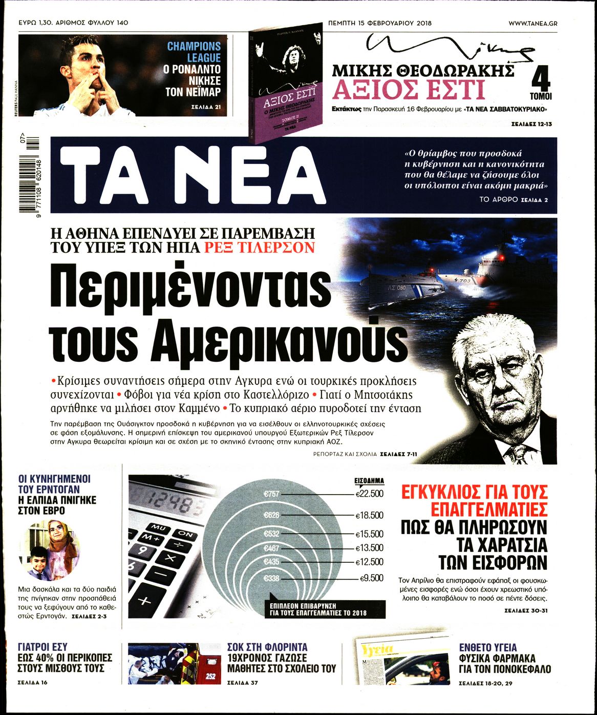 Εξώφυλο εφημερίδας ΤΑ ΝΕΑ 2018-02-15