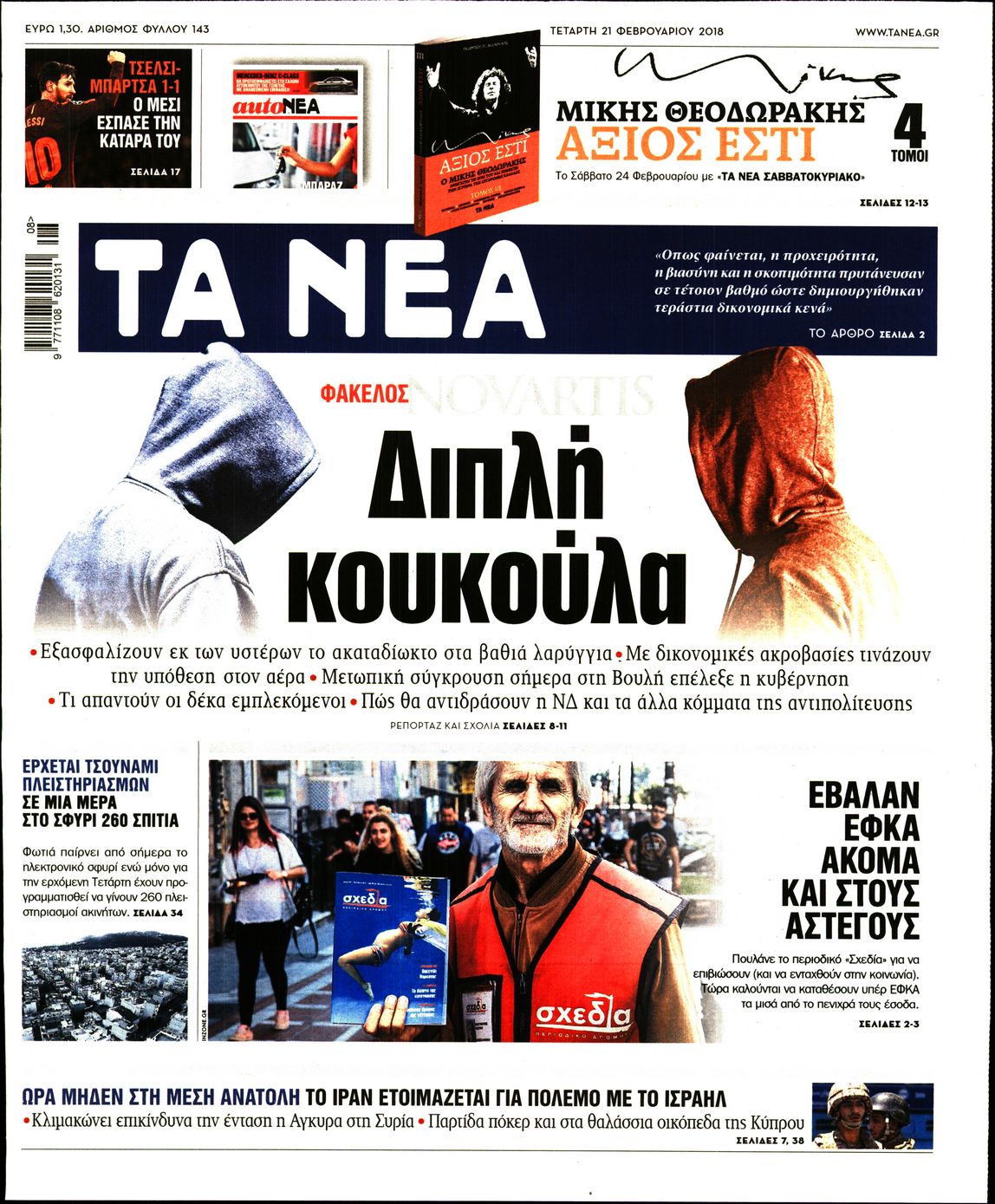 Εξώφυλο εφημερίδας ΤΑ ΝΕΑ 2018-02-21