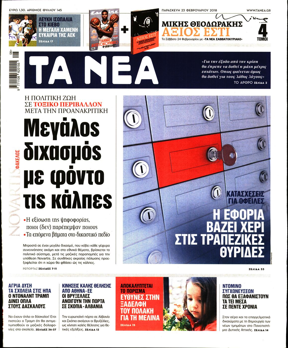 Εξώφυλο εφημερίδας ΤΑ ΝΕΑ 2018-02-23