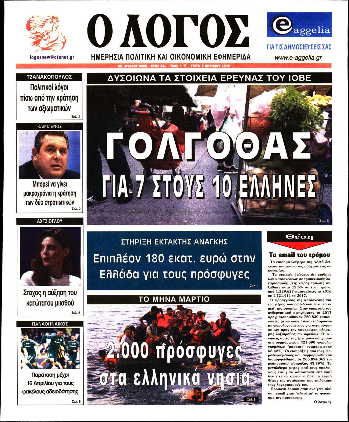 Εξώφυλο εφημερίδας Ο ΛΟΓΟΣ 2018-04-03