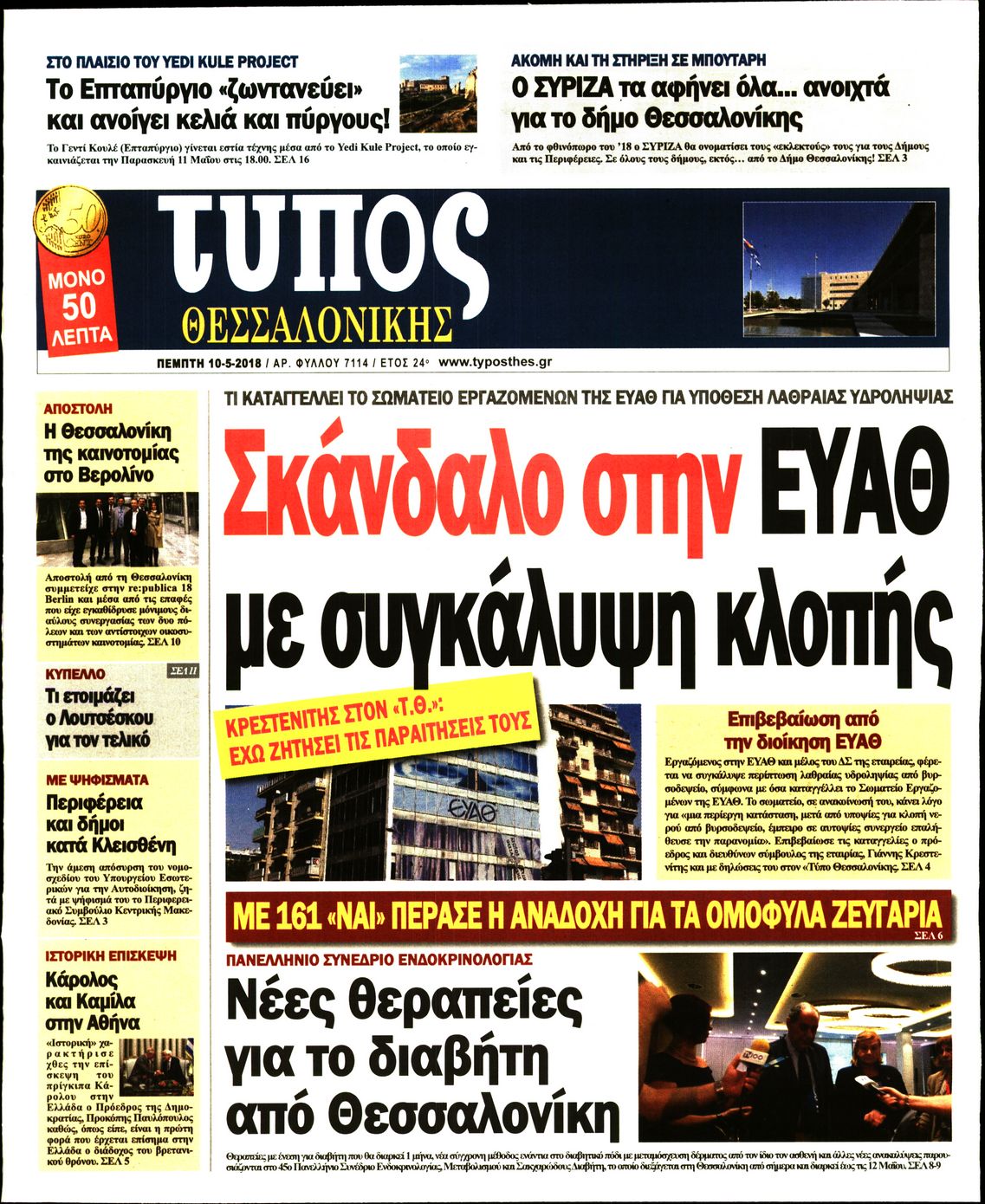 Εξώφυλο εφημερίδας ΤΥΠΟΣ ΘΕΣ/ΝΙΚΗΣ 2018-05-10