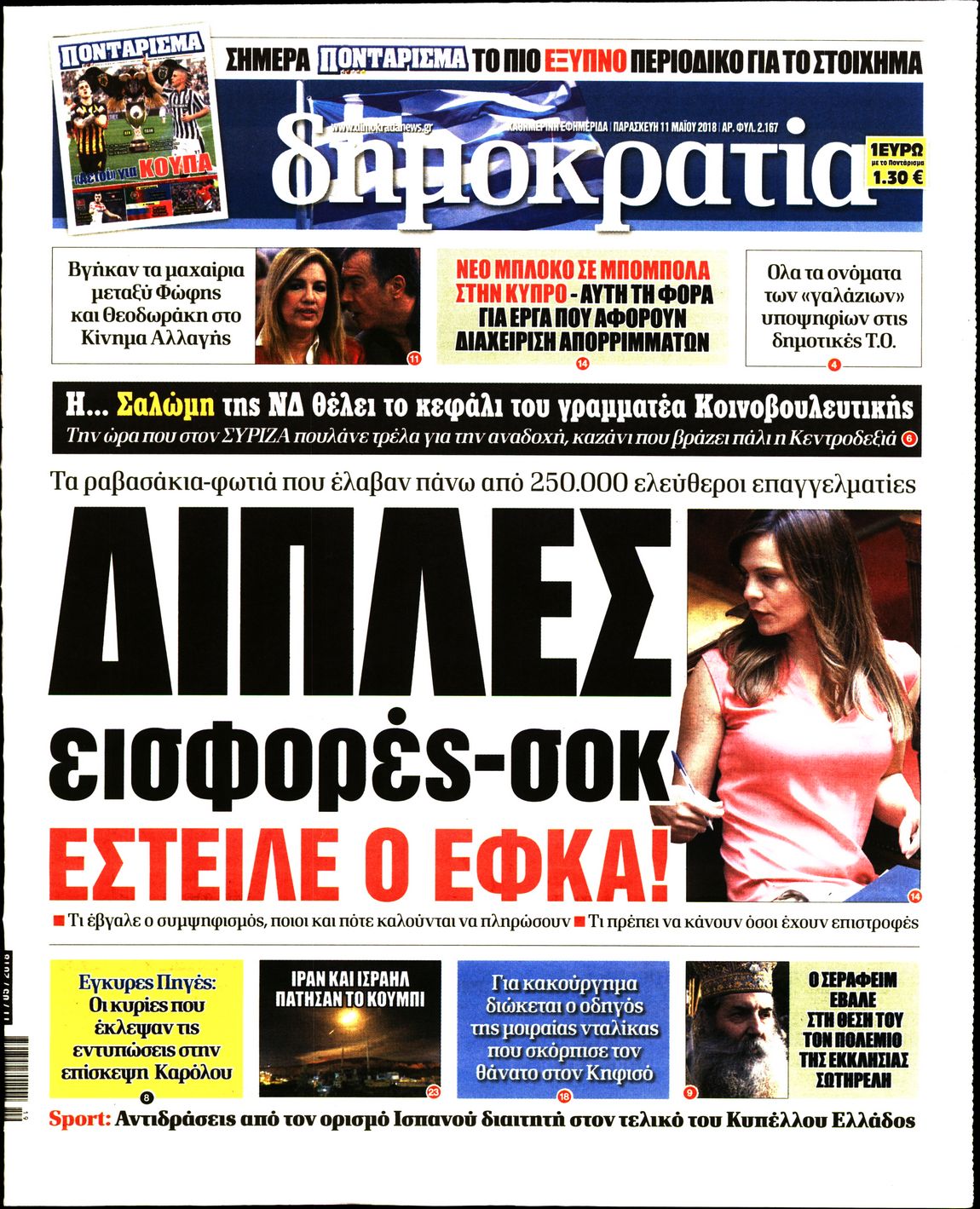 Εξώφυλο εφημερίδας ΔΗΜΟΚΡΑΤΙΑ 2018-05-11