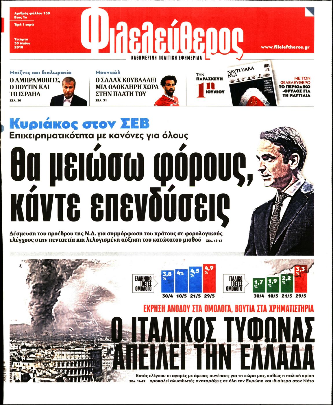 Εξώφυλο εφημερίδας ΦΙΛΕΛΕΥΘΕΡΟΣ 2018-05-30