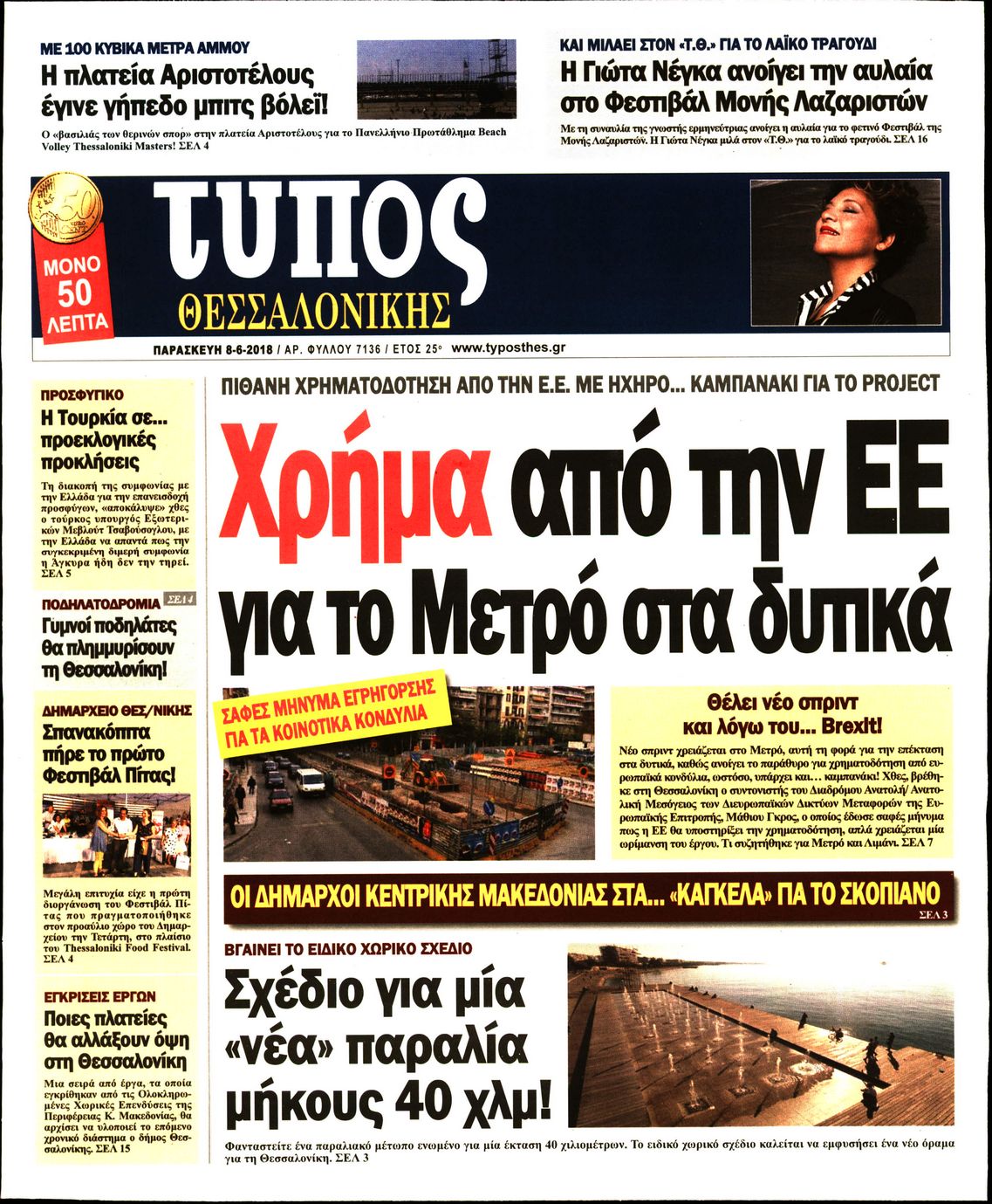 Εξώφυλο εφημερίδας ΤΥΠΟΣ ΘΕΣ/ΝΙΚΗΣ 2018-06-08