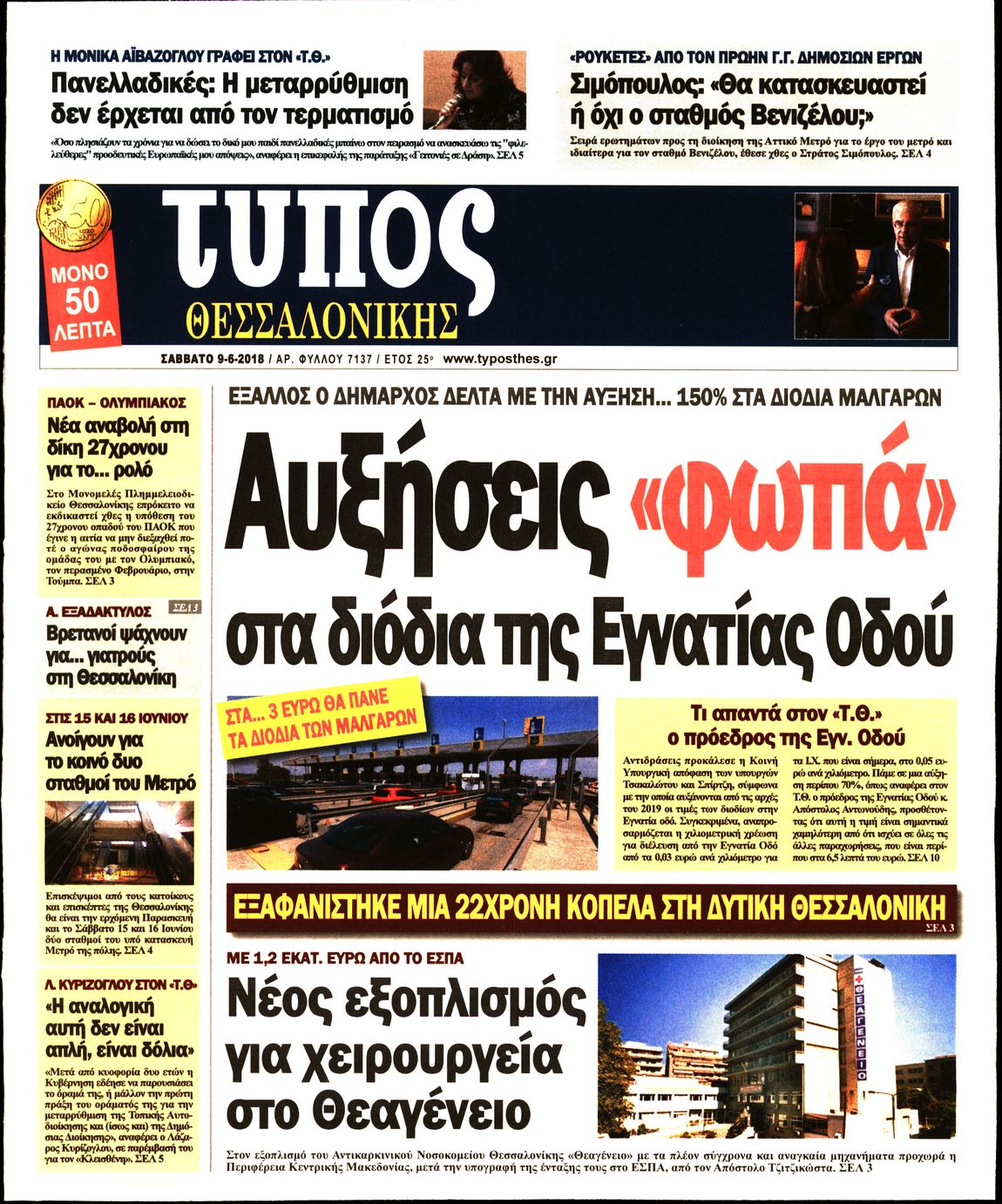 Εξώφυλο εφημερίδας ΤΥΠΟΣ ΘΕΣ/ΝΙΚΗΣ 2018-06-09