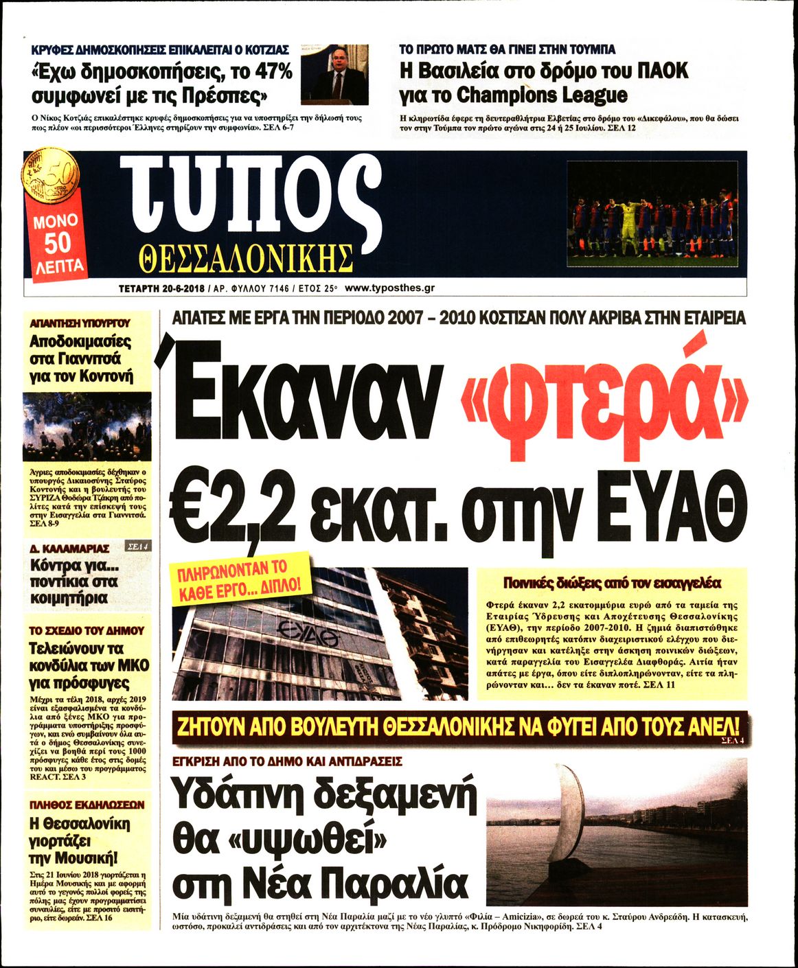 Εξώφυλο εφημερίδας ΤΥΠΟΣ ΘΕΣ/ΝΙΚΗΣ 2018-06-20