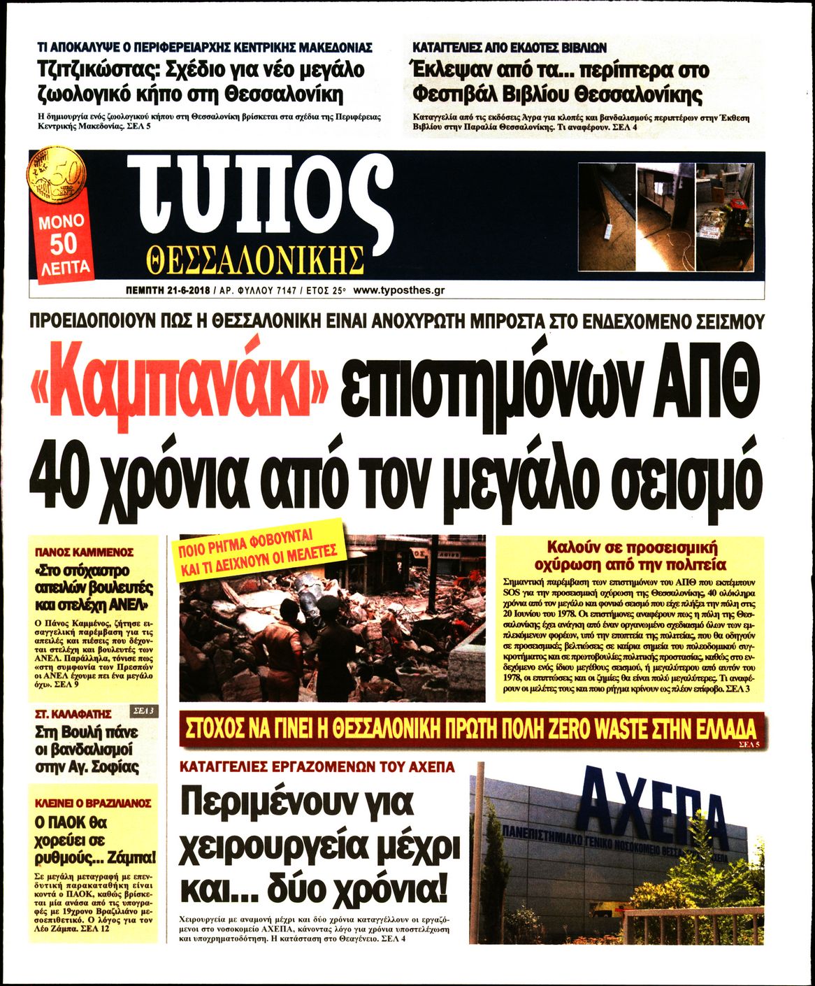 Εξώφυλο εφημερίδας ΤΥΠΟΣ ΘΕΣ/ΝΙΚΗΣ 2018-06-21