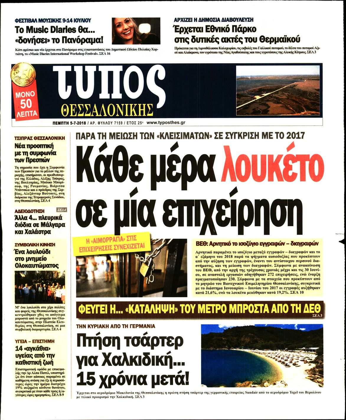 Εξώφυλο εφημερίδας ΤΥΠΟΣ ΘΕΣ/ΝΙΚΗΣ 2018-07-05