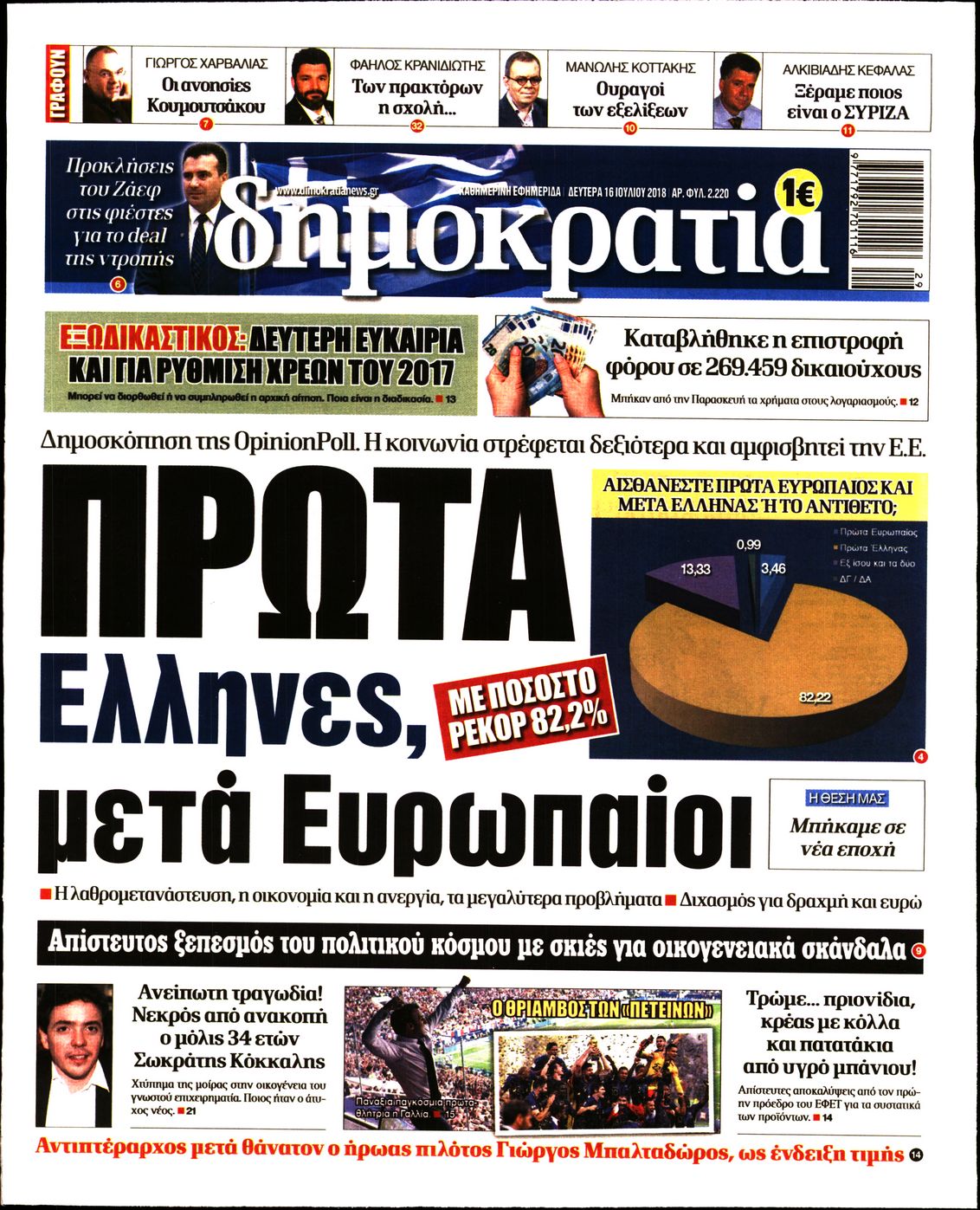 Εξώφυλο εφημερίδας ΔΗΜΟΚΡΑΤΙΑ 2018-07-16