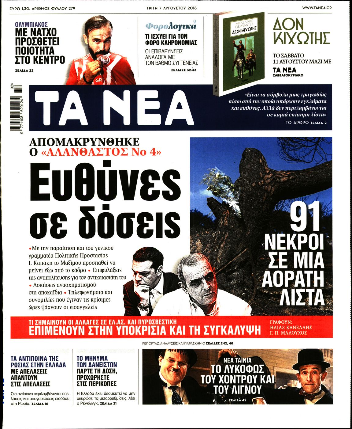 Εξώφυλο εφημερίδας ΤΑ ΝΕΑ 2018-08-07