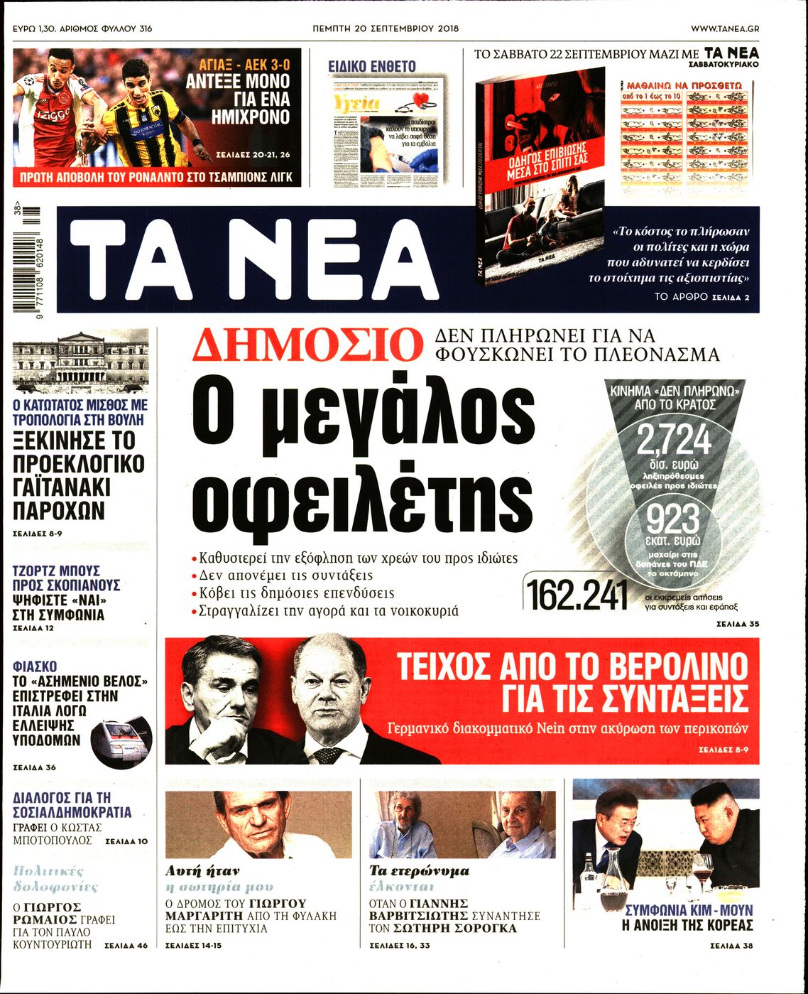 Εξώφυλο εφημερίδας ΤΑ ΝΕΑ 2018-09-20