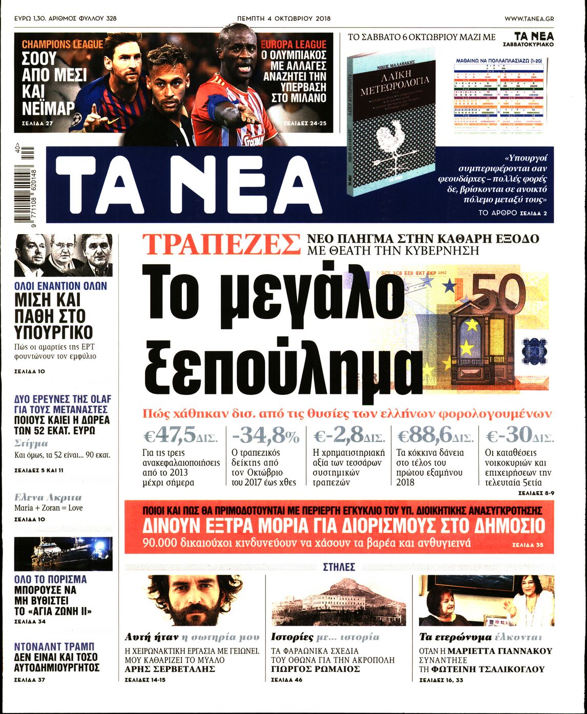 Εξώφυλο εφημερίδας ΤΑ ΝΕΑ 2018-10-04