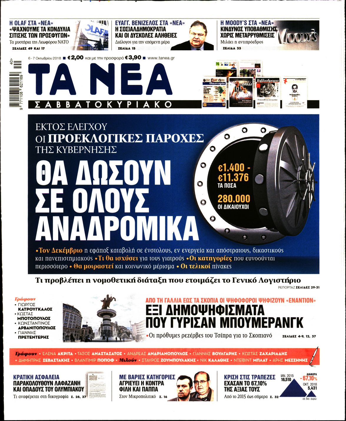 Εξώφυλο εφημερίδας ΤΑ ΝΕΑ 2018-10-06