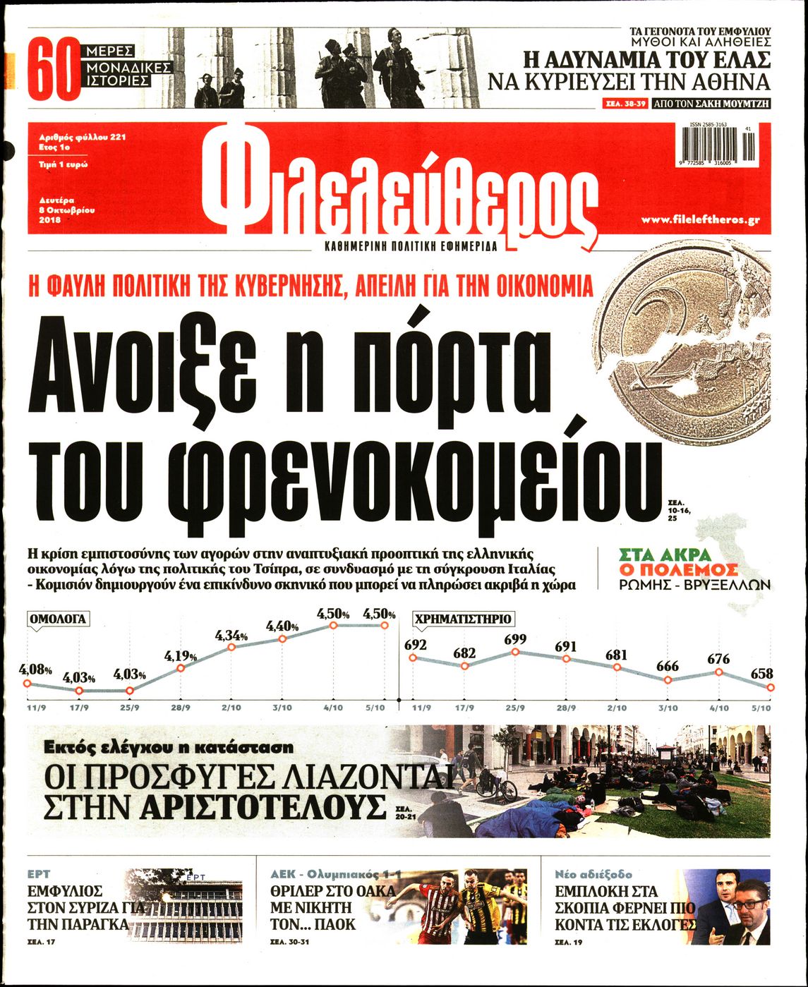 Εξώφυλο εφημερίδας ΦΙΛΕΛΕΥΘΕΡΟΣ 2018-10-08