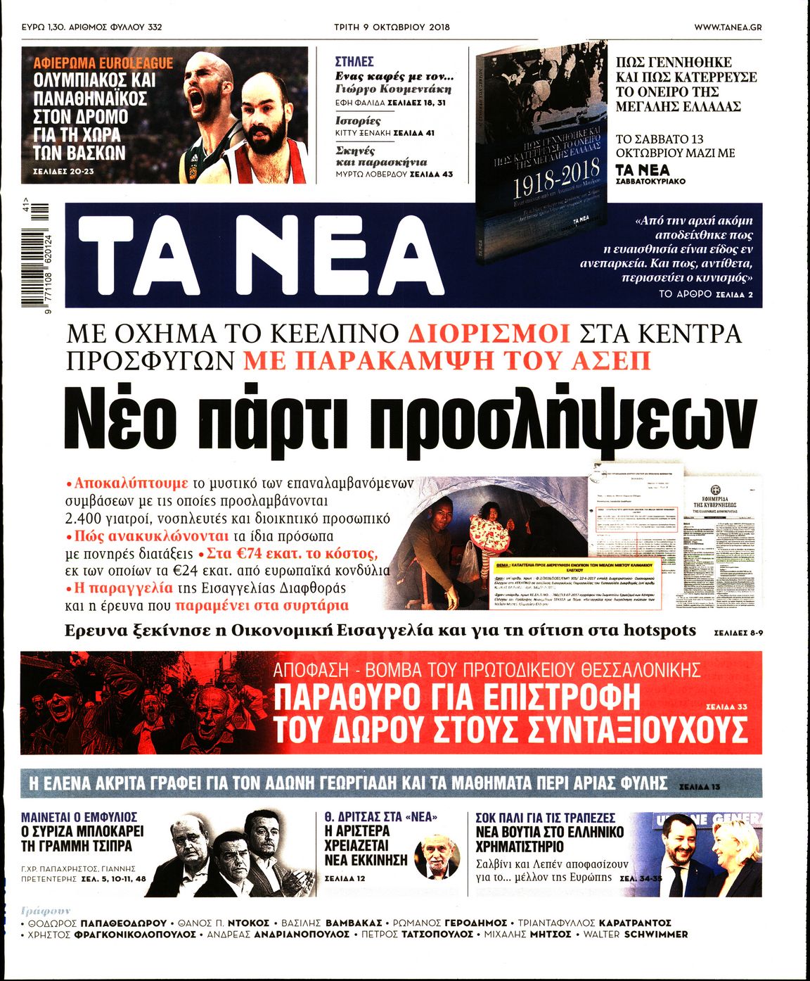 Εξώφυλο εφημερίδας ΤΑ ΝΕΑ 2018-10-09