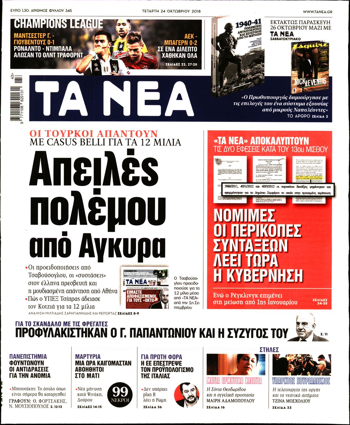 Εξώφυλο εφημερίδας ΤΑ ΝΕΑ 2018-10-24