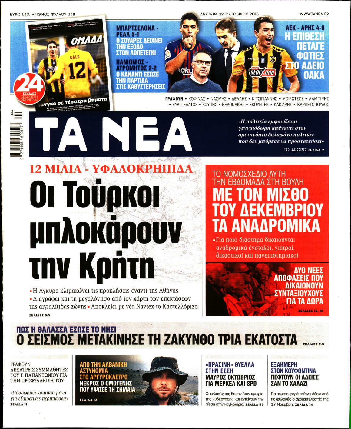 Εξώφυλο εφημερίδας ΤΑ ΝΕΑ 2018-10-29