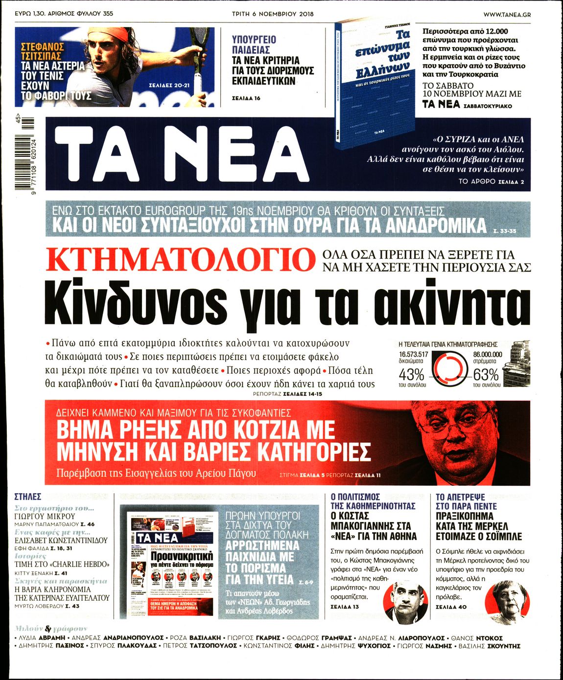 Εξώφυλο εφημερίδας ΤΑ ΝΕΑ 2018-11-06