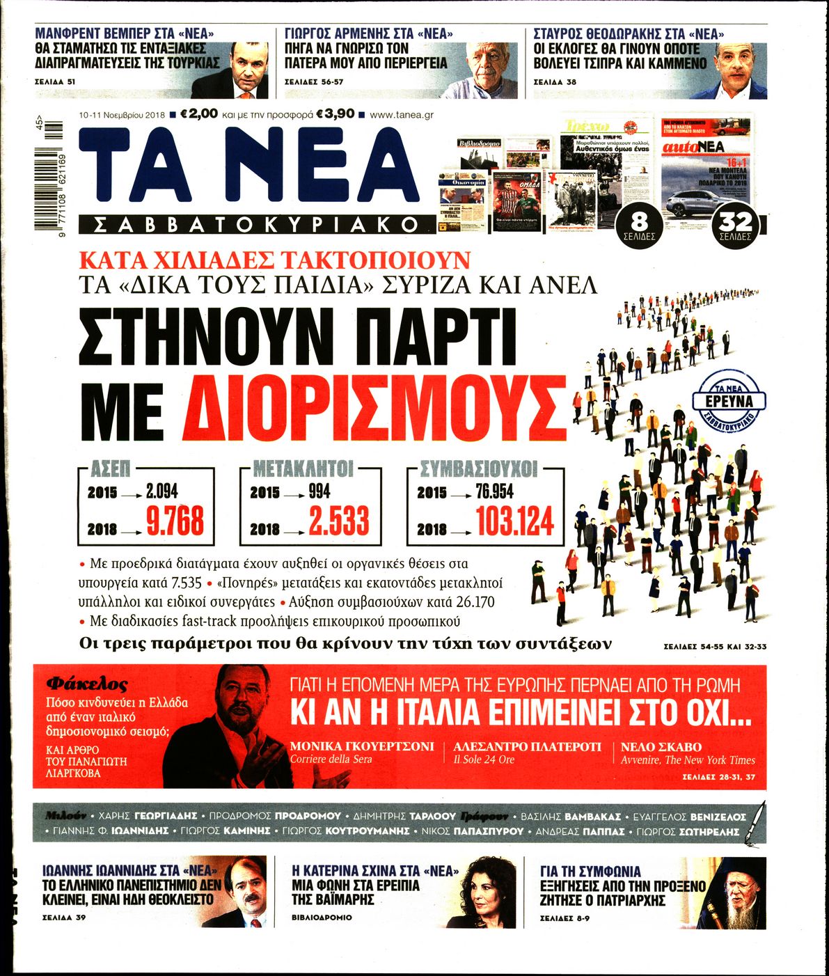 Εξώφυλο εφημερίδας ΤΑ ΝΕΑ 2018-11-10