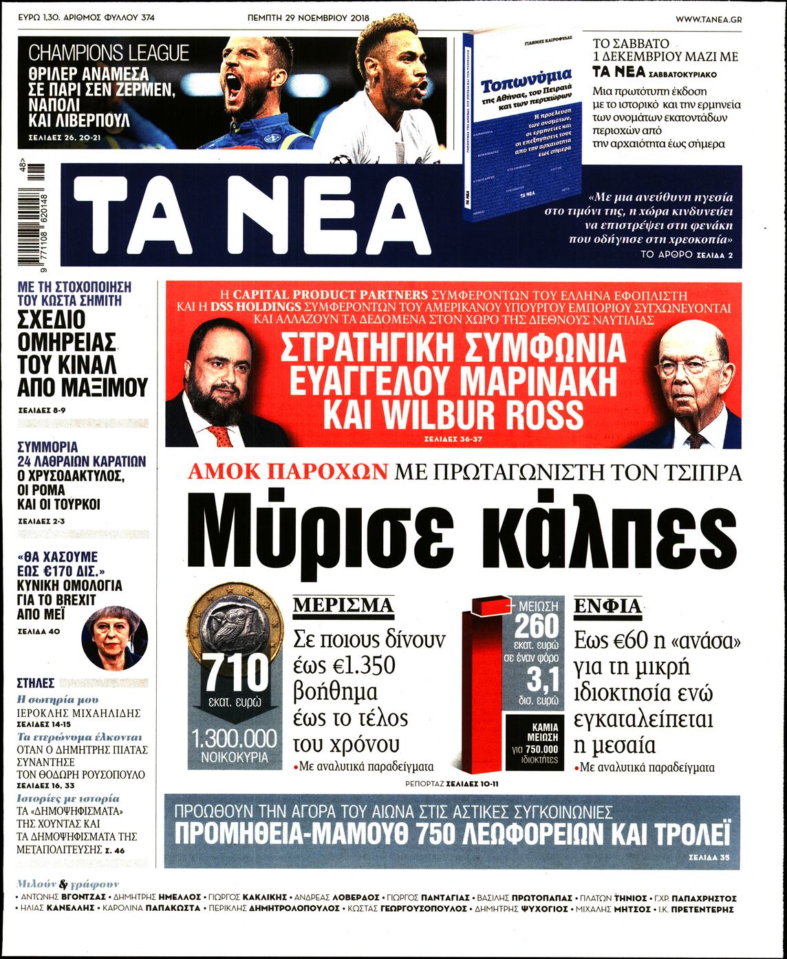 Εξώφυλο εφημερίδας ΤΑ ΝΕΑ 2018-11-29