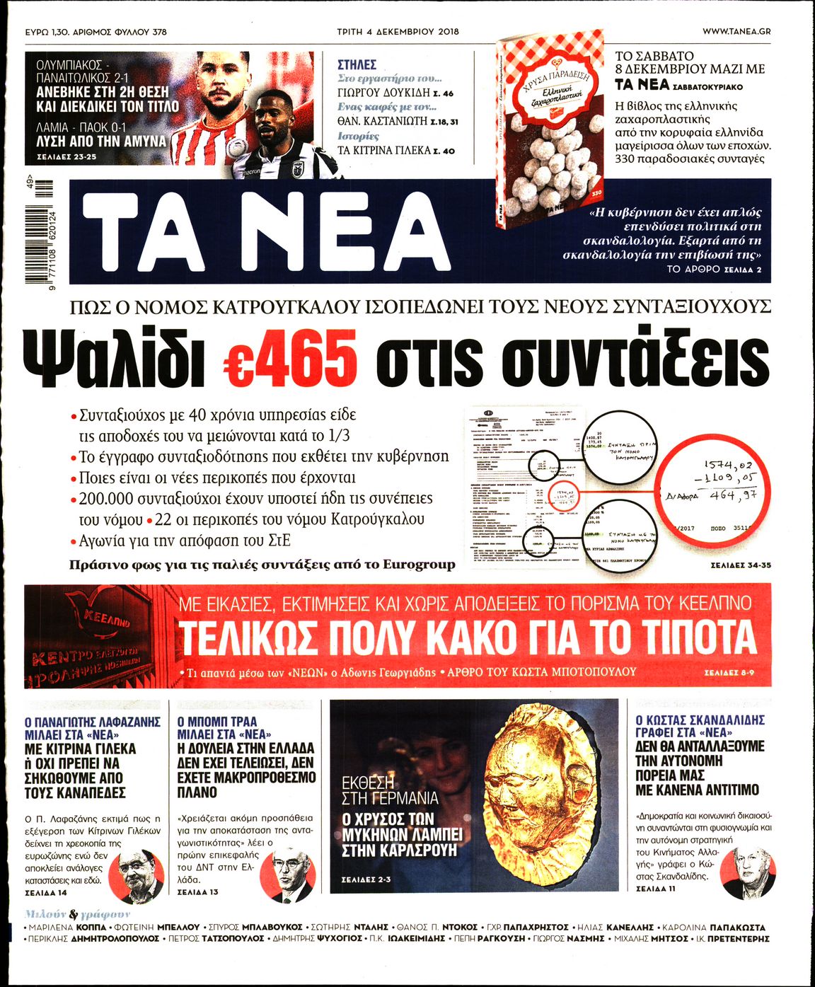 Εξώφυλο εφημερίδας ΤΑ ΝΕΑ 2018-12-04