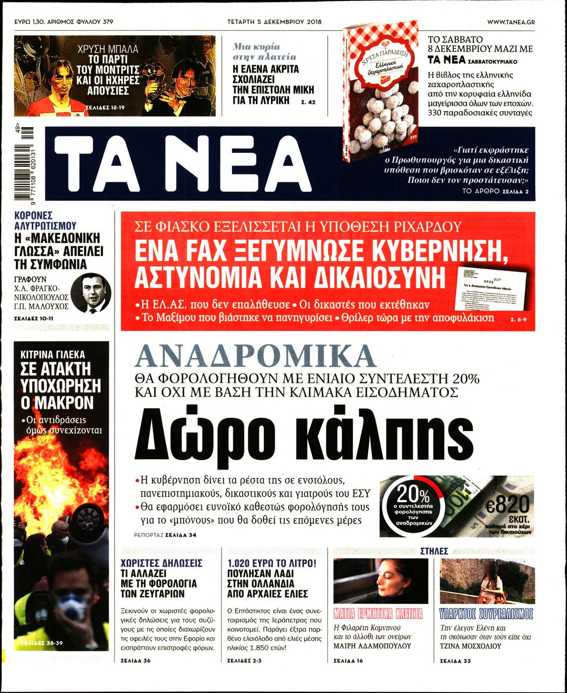 Εξώφυλο εφημερίδας ΤΑ ΝΕΑ 2018-12-05